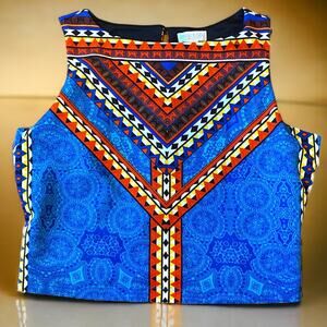 🔥Bisou Bisou High-Neck Scuba Crop Top Boho Tribal Southwestern Geo Y2K Blue L